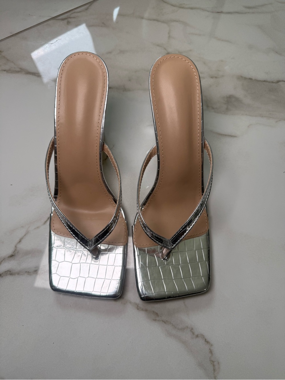 Silver Croc-Embossed Square-Toe Women’s Slide Sandals